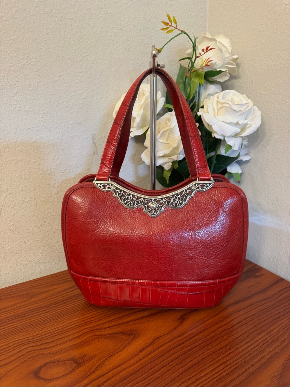 Brighton Red Shoulder Bag with Silver Filigree Trim
